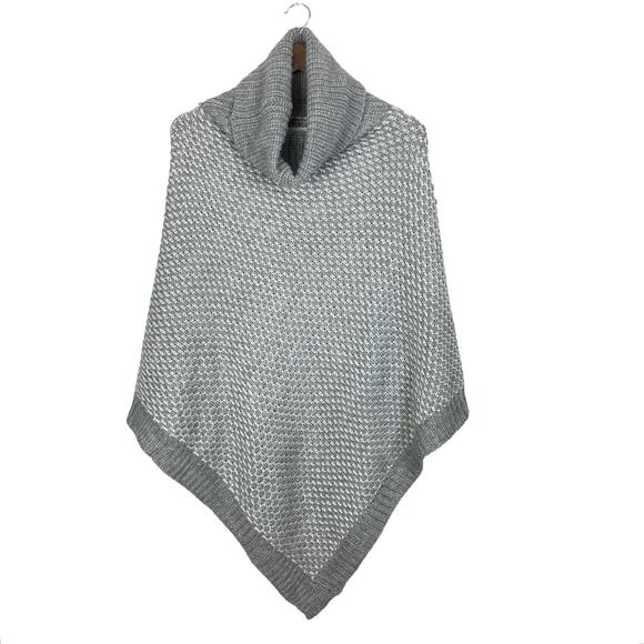 Calvin Klein | OS Gray & Silver Metallic Chunky Knit Pullover Poncho Sweater - Picture 11 of 14